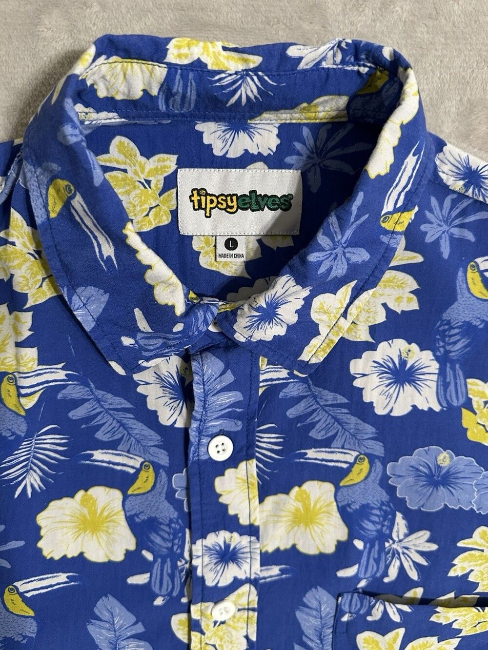 Tipsy Elves Men's L Blue Toucan Floral Hawaiian Shirt Button Up - Picture 3 of 7